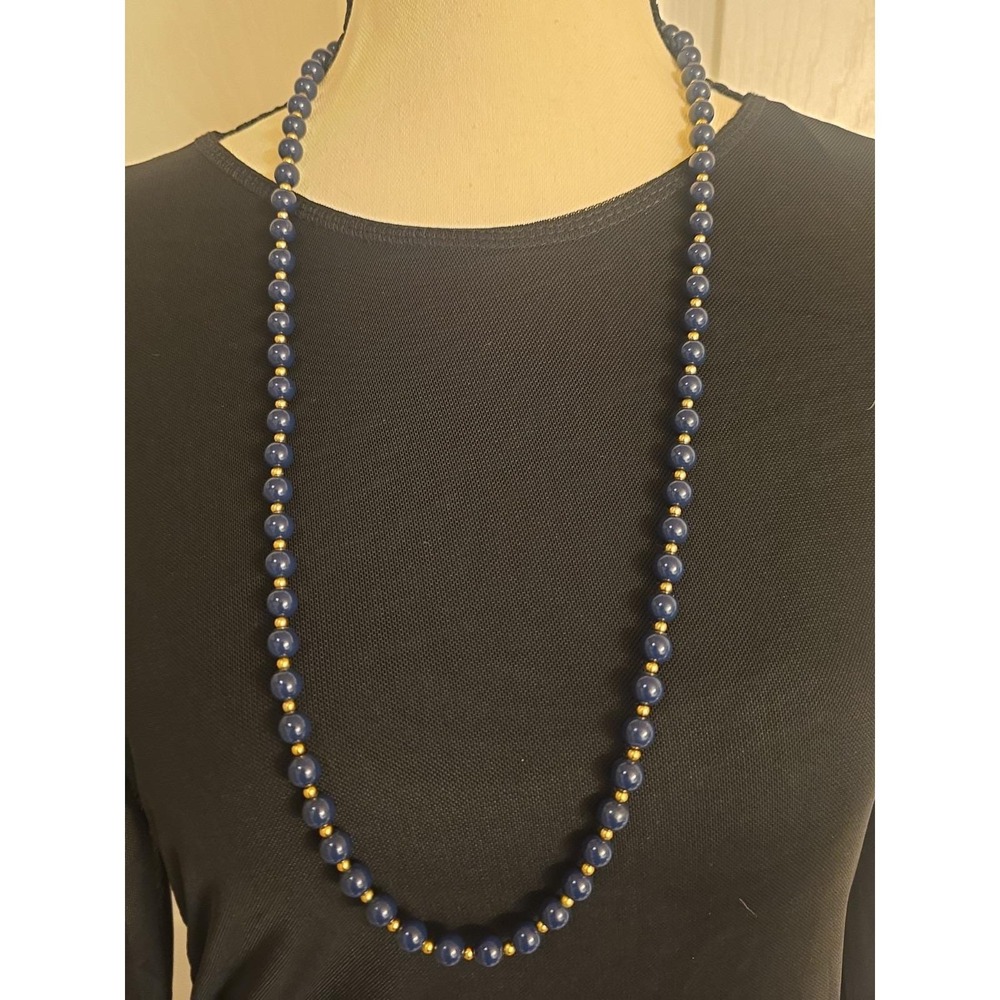 MONET Blue Beaded Necklace Gold Tone Spacers Long 30" Signed Costume Jewelry